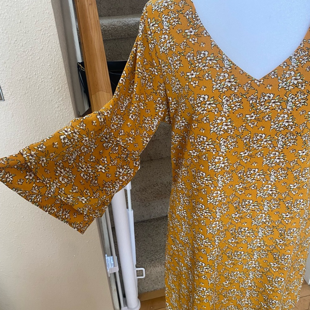 Medium dress mustard color with cream flower print, 3/4 flutter sleeve